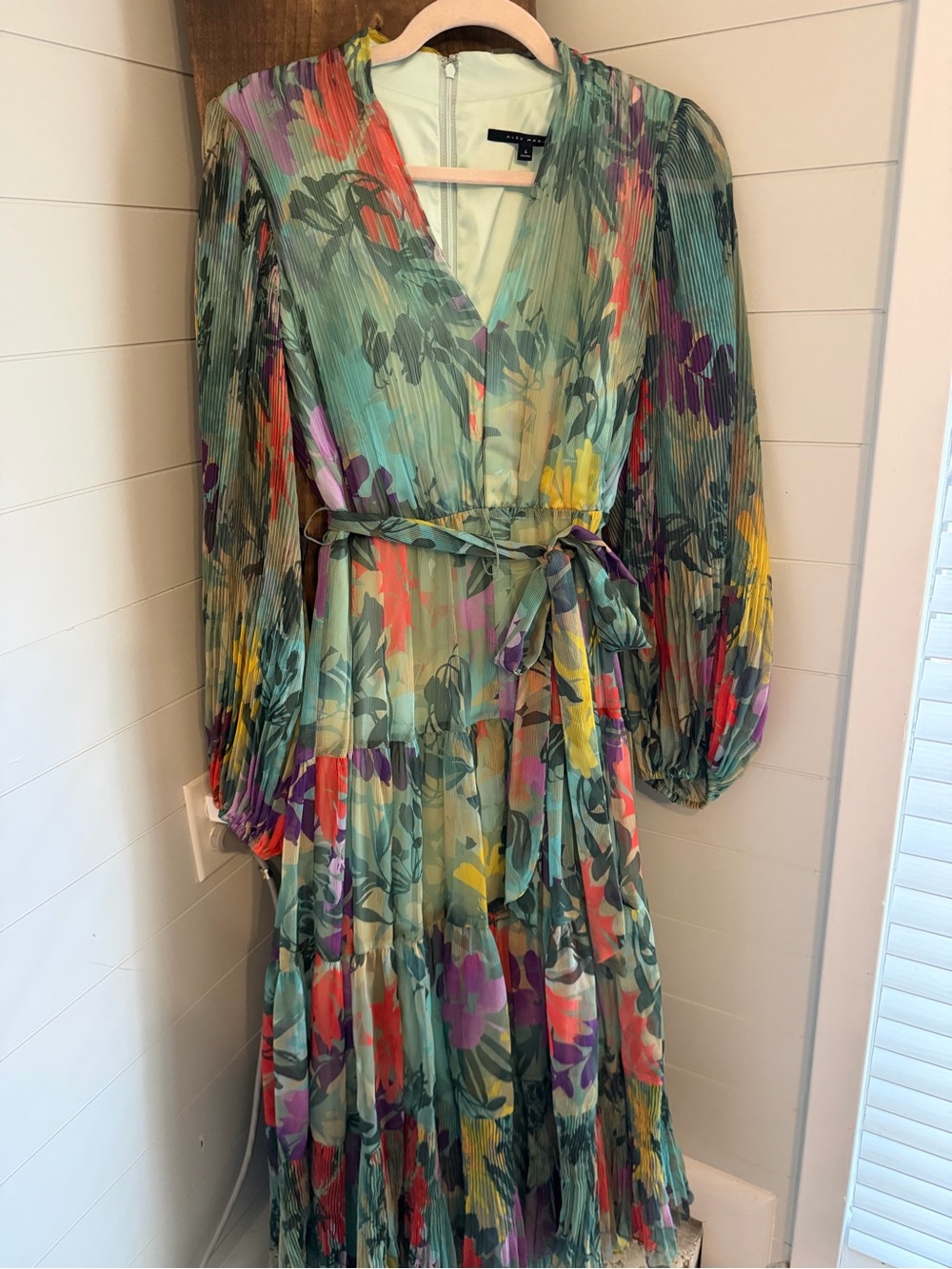Alex Marie Pleated Floral Maxi Dress in Teal, Coral, Purple & Yellow